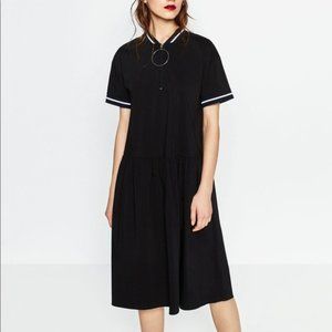 New Zara Pleated Black Midi Dress w O-Ring Zipper